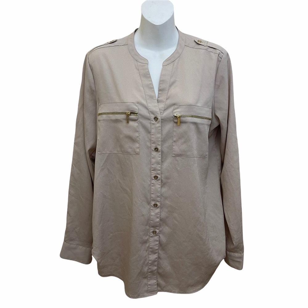 Calvin Klein Roll-Tab Blouse Split Neckline